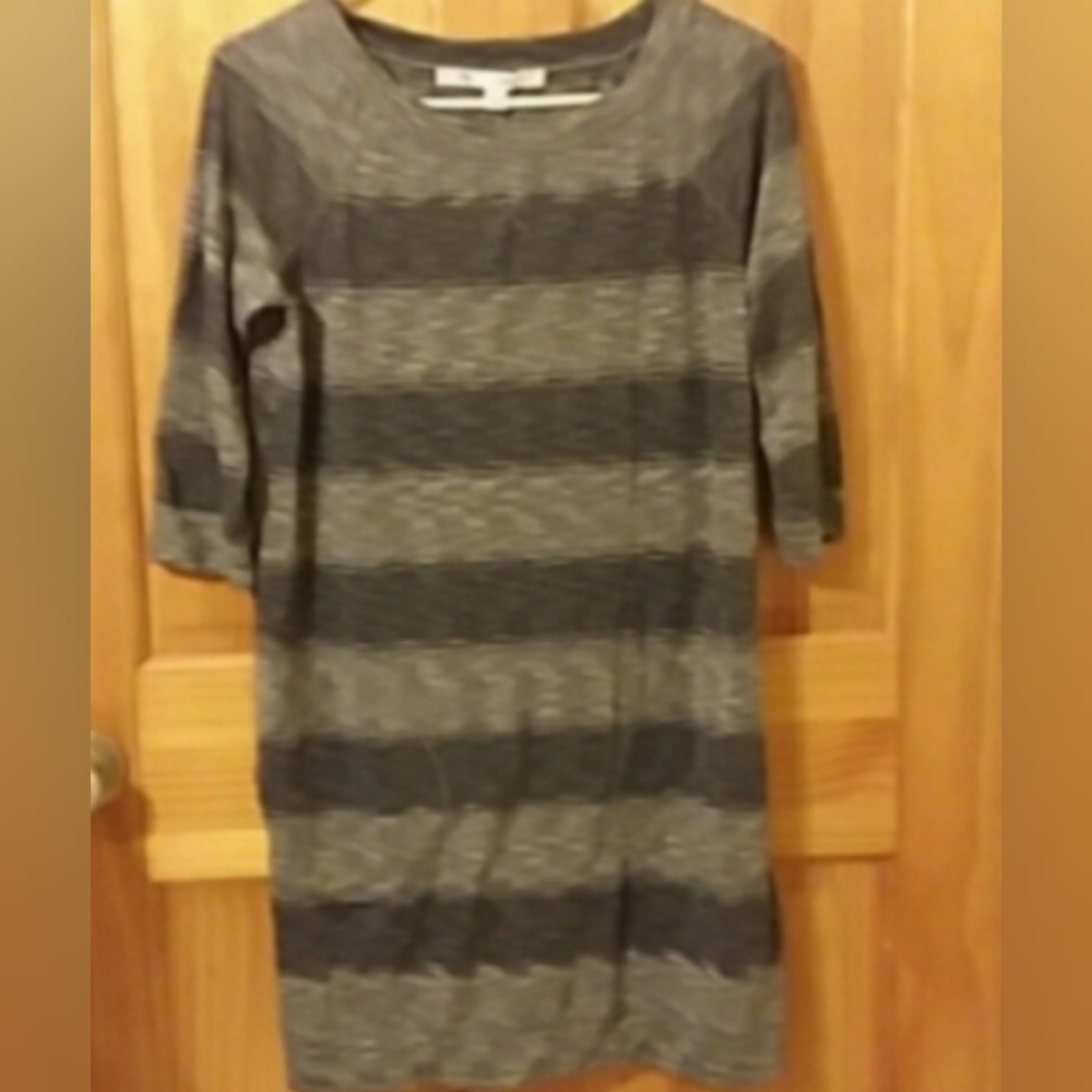 Sweater Dress that has a two toned striped very warm could wear with leggings